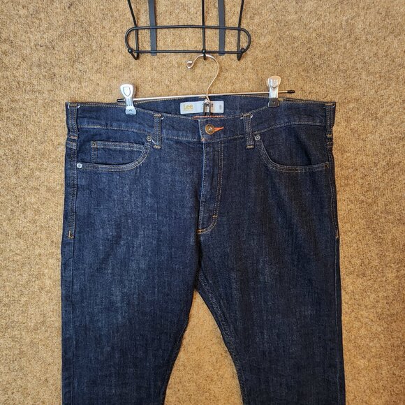 Lee Slim Fit Jeans Tapered Leg Men 38x30 Blue Denim Dark Wash Stretch 5-Pocket - Picture 2 of 12